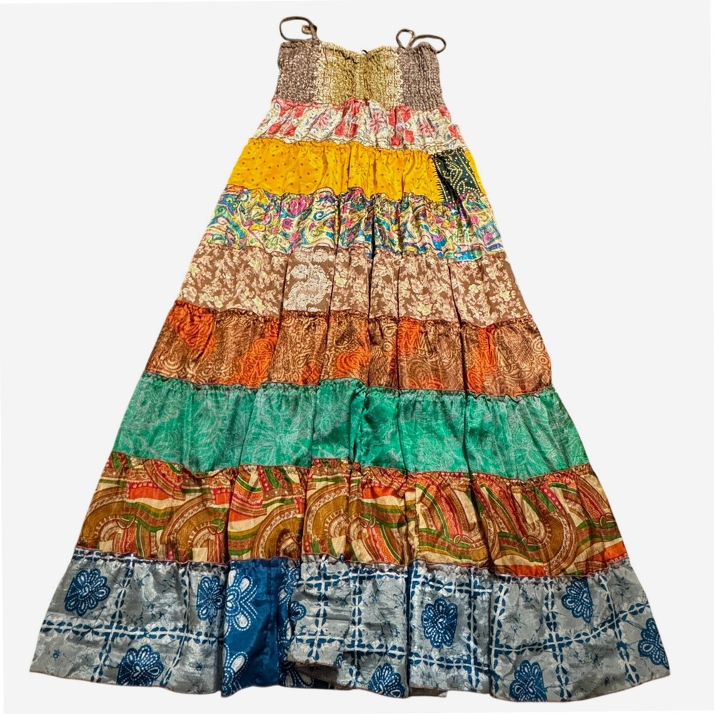 VTG Sans Souci Maxi Dress Women's Large Patchwork Indian Sari 100% Silk Colorful